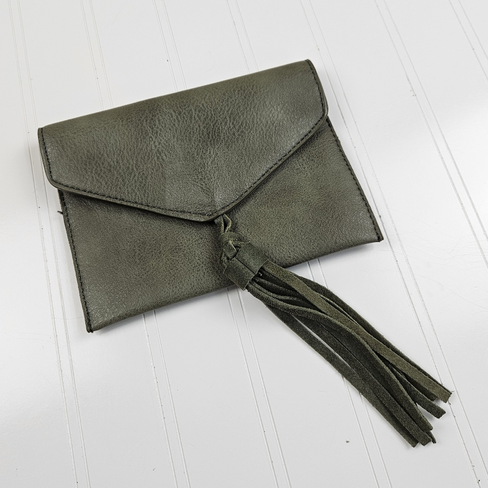 Anthropologie faux leather olive clutch purse